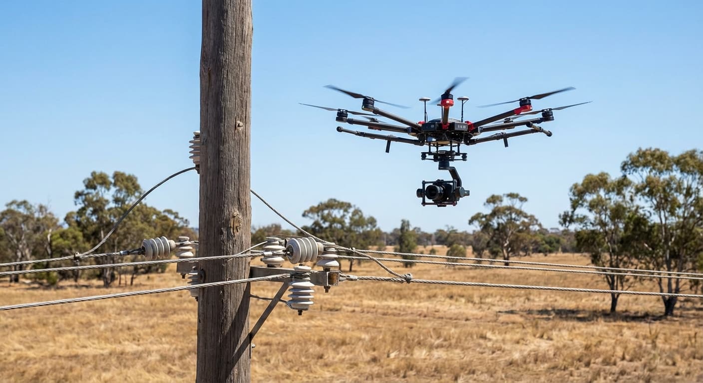 Drone inspecting a power pole and capturing close-up imagery of hardware