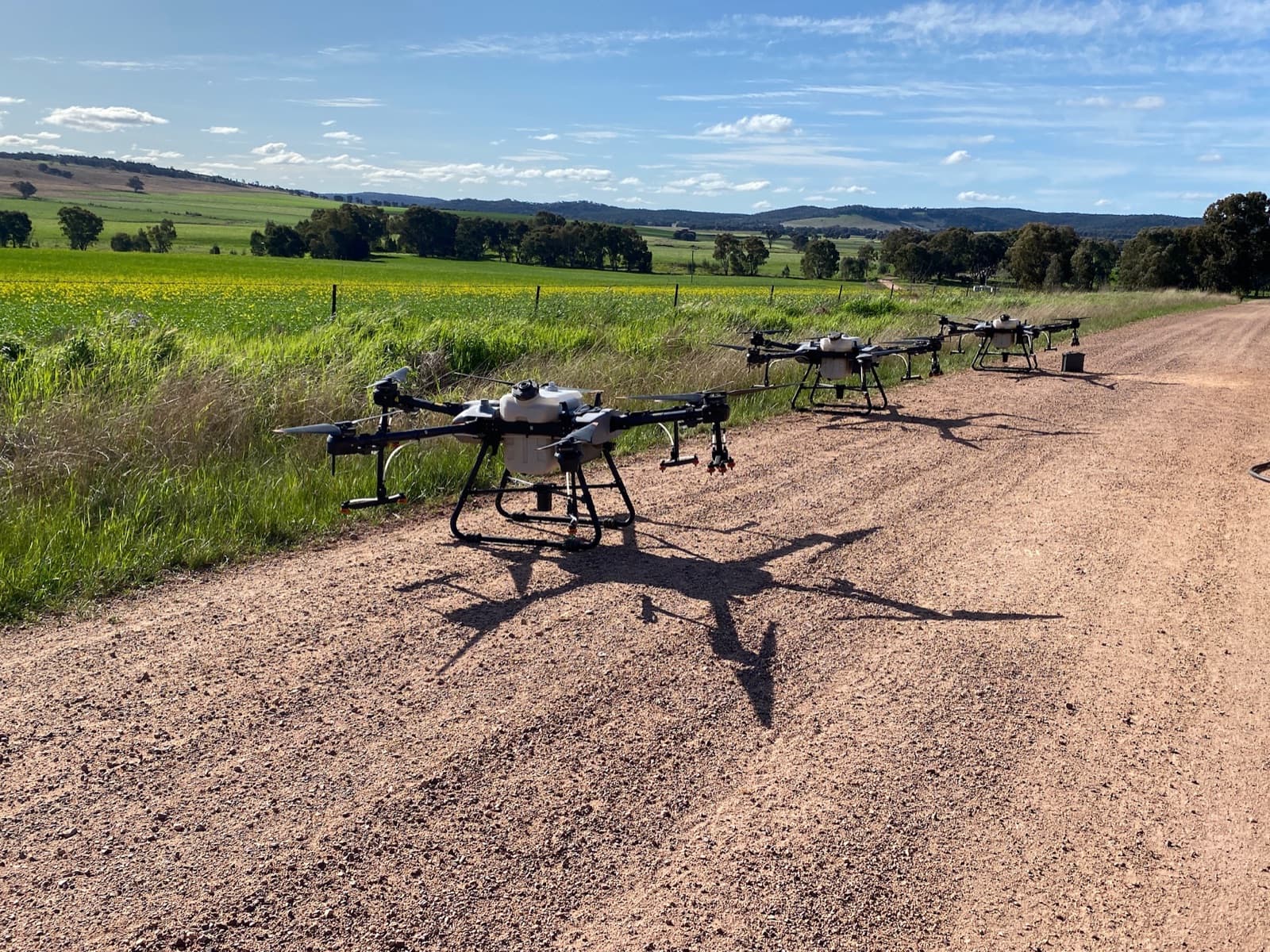 Fleet of agricultural spraying drones lined up on a dirt road