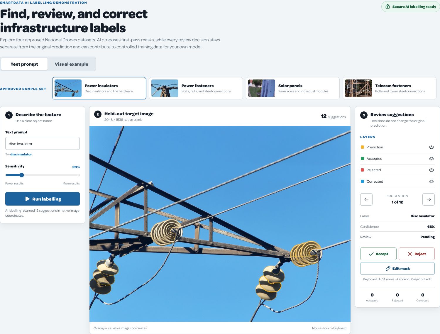 Existing AI-assisted labelling demo with insulator suggestions and human review controls
