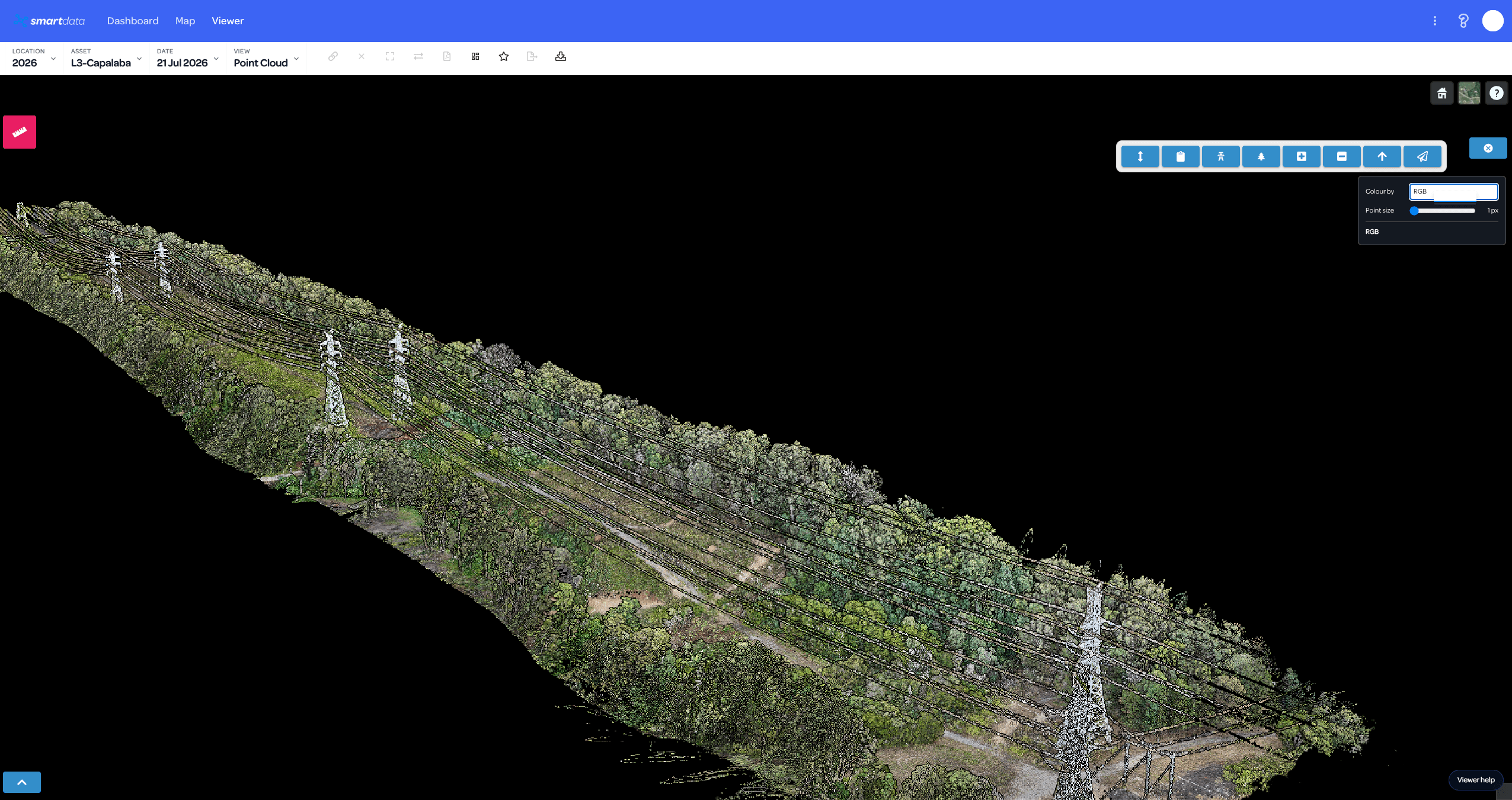 SmartData RGB point cloud view of a DJI L3 transmission corridor