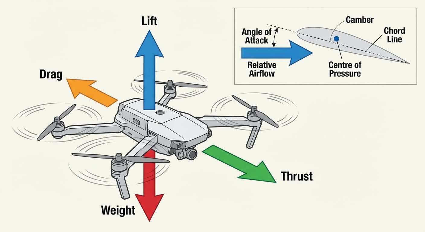 Aerofoil diagram showing lift, weight, thrust and drag