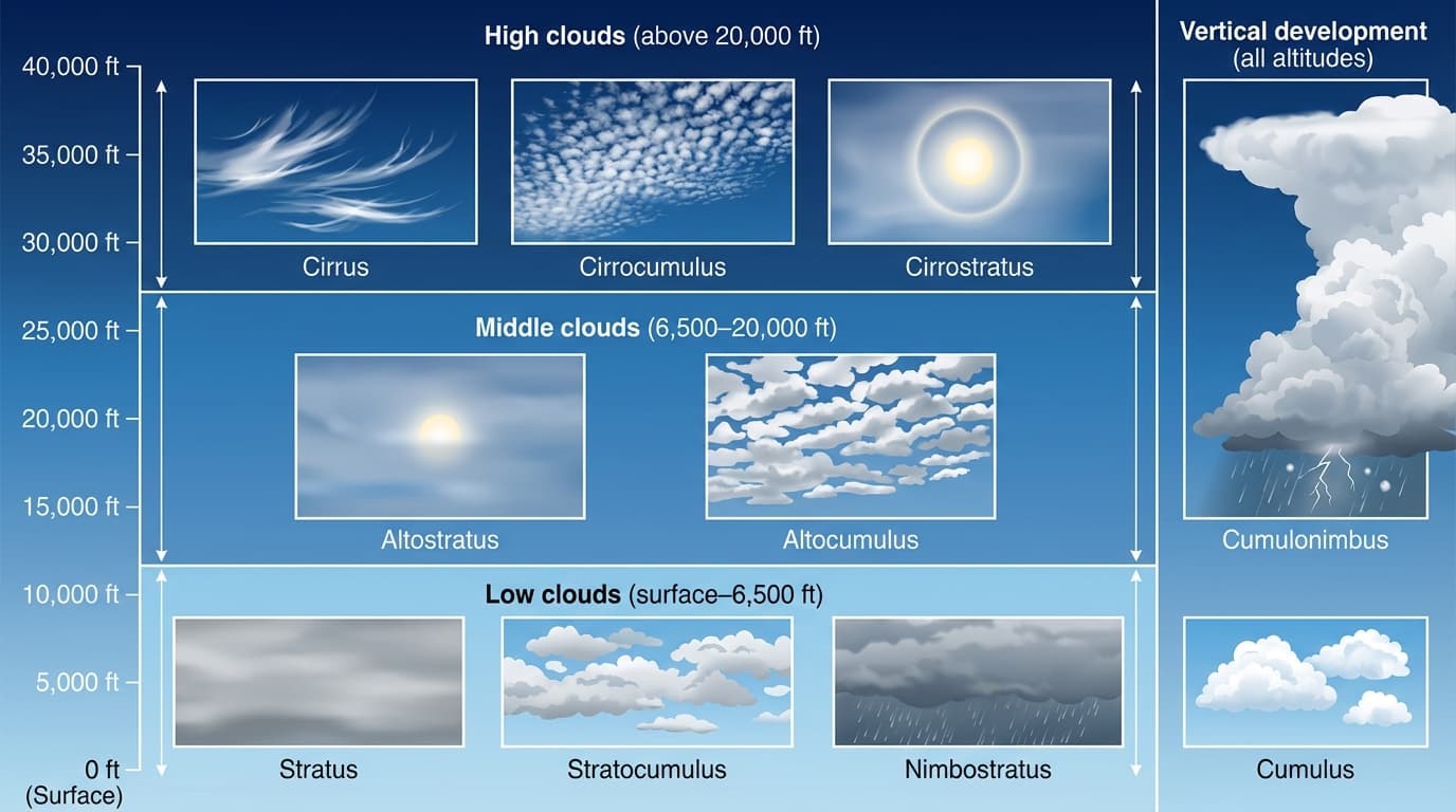 Cloud type chart showing low, middle, high and vertically developed clouds