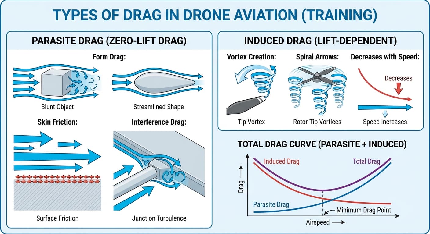 Diagram comparing parasite drag, induced drag and total drag