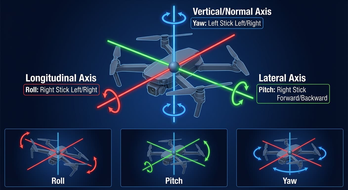 Aircraft axes diagram showing pitch, roll and yaw