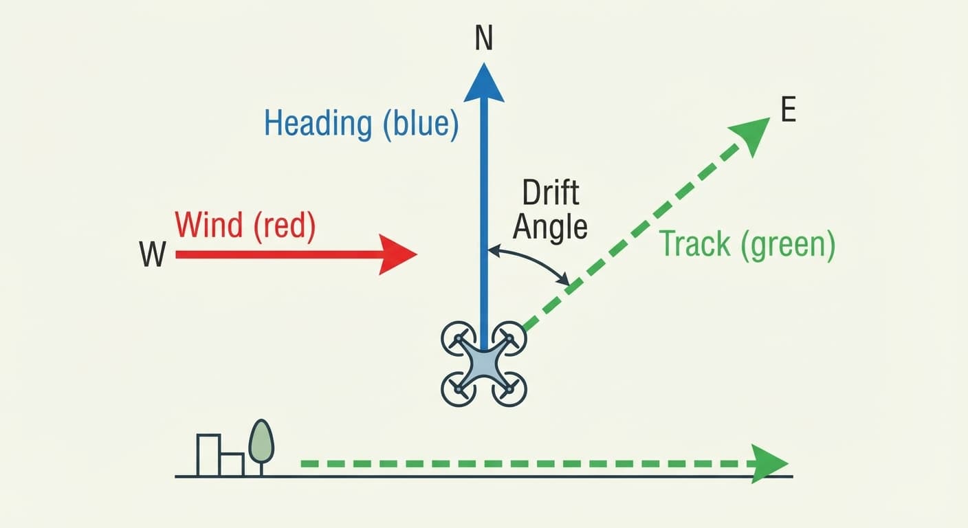 Diagram comparing aircraft heading with ground track in wind