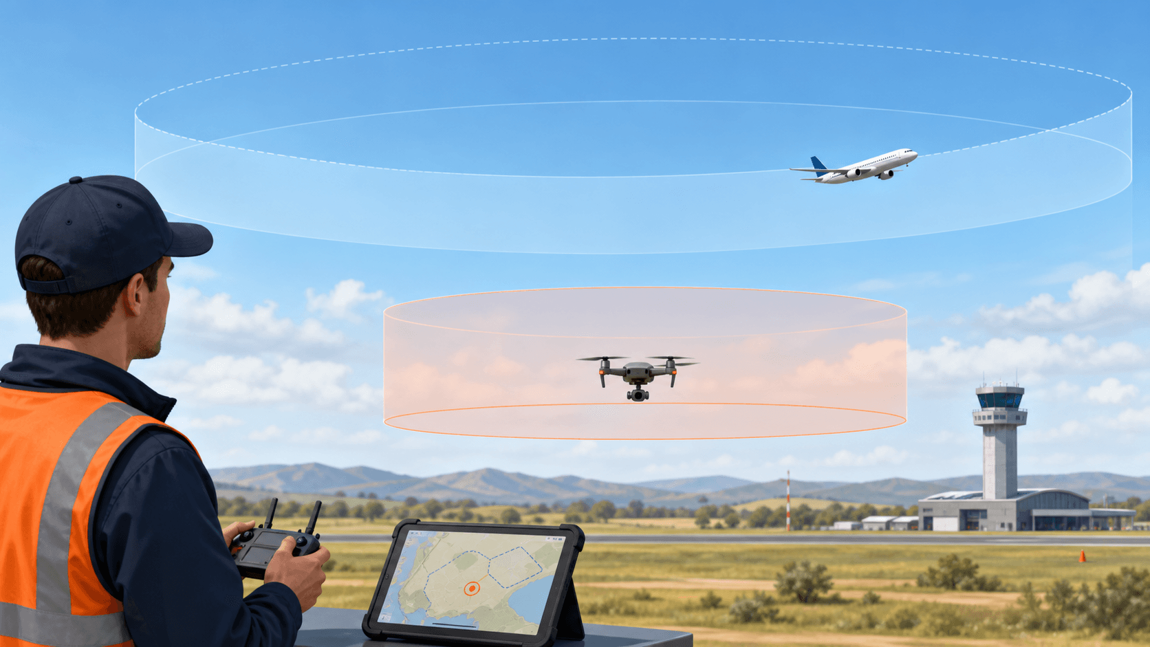 Concept illustration of a remote pilot operating near a controlled aerodrome with layered airspace and separated crewed aircraft