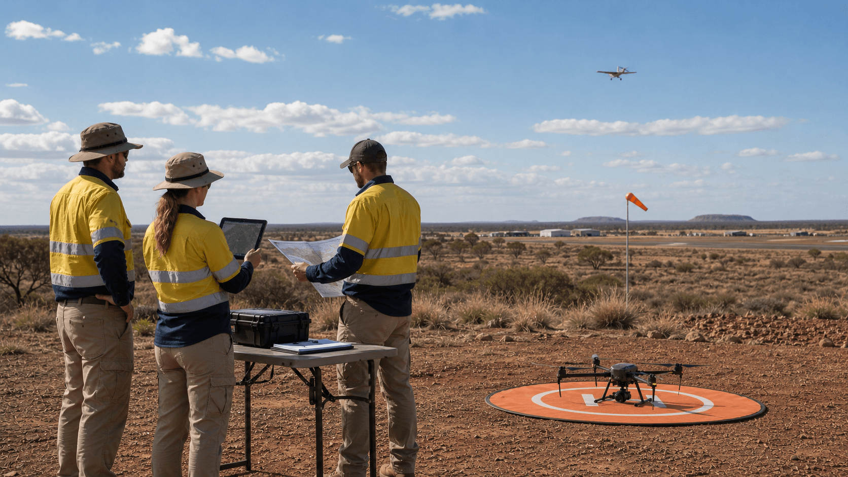 Remote pilot crew reviewing aerodrome traffic before a drone operation