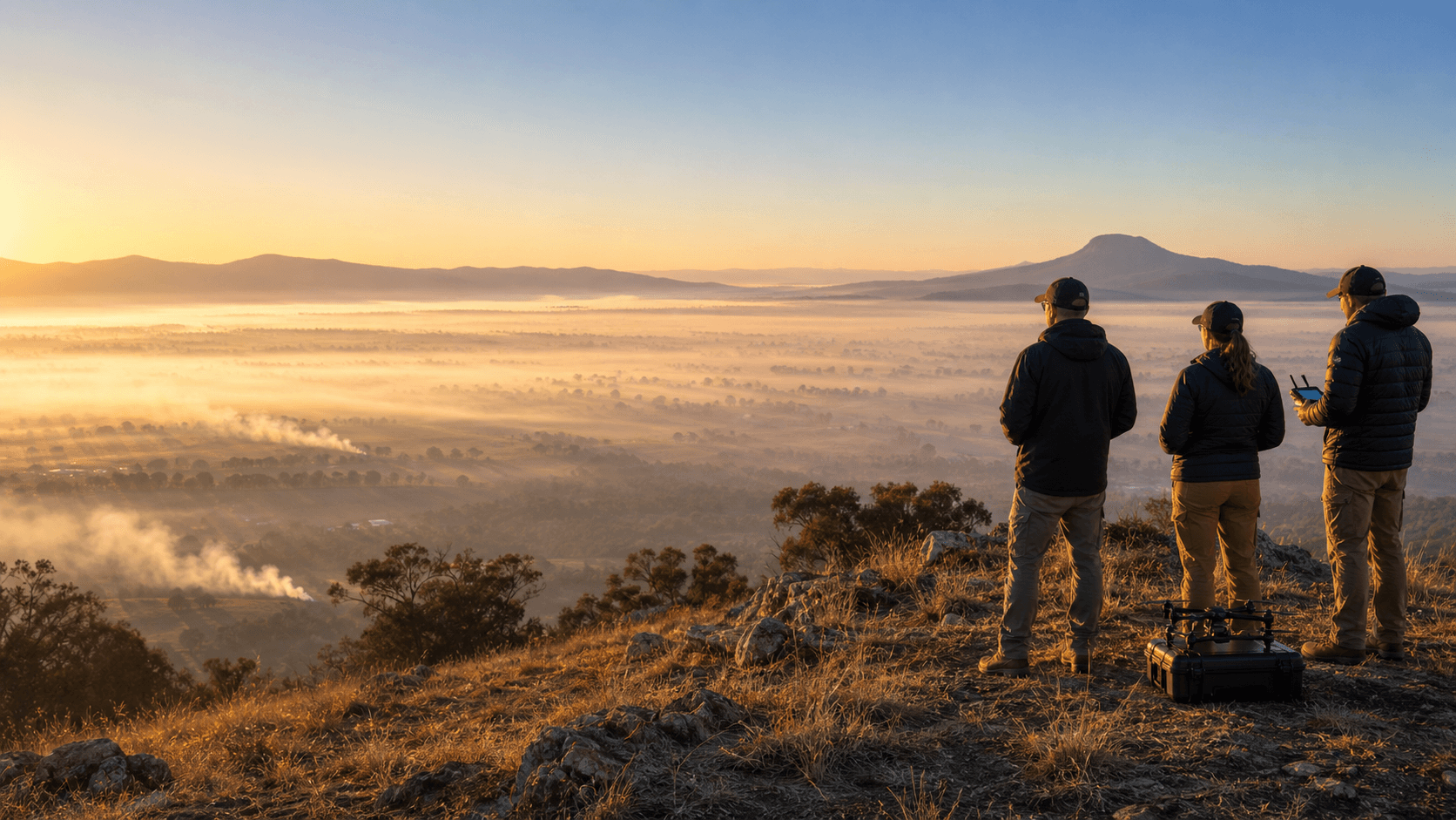 Valley temperature inversion trapping smoke and haze below clear air with a grounded drone crew on a ridge