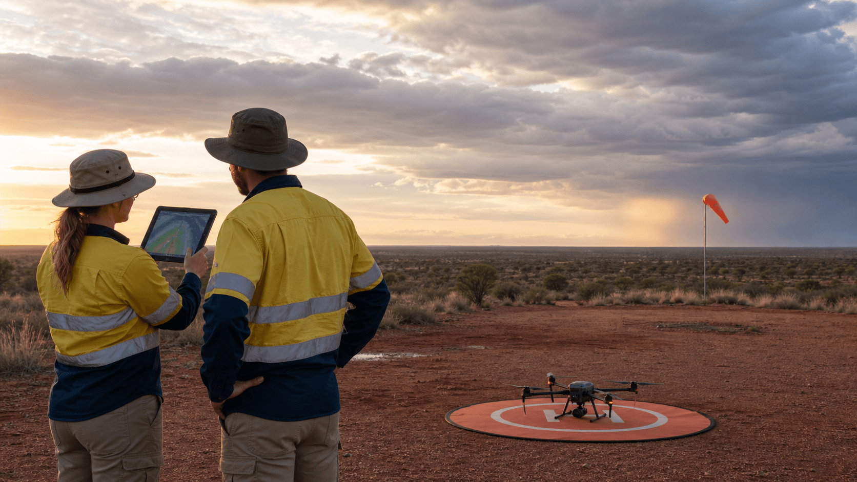 Remote pilot crew checking weather before launching a drone with changing cloud and wind nearby