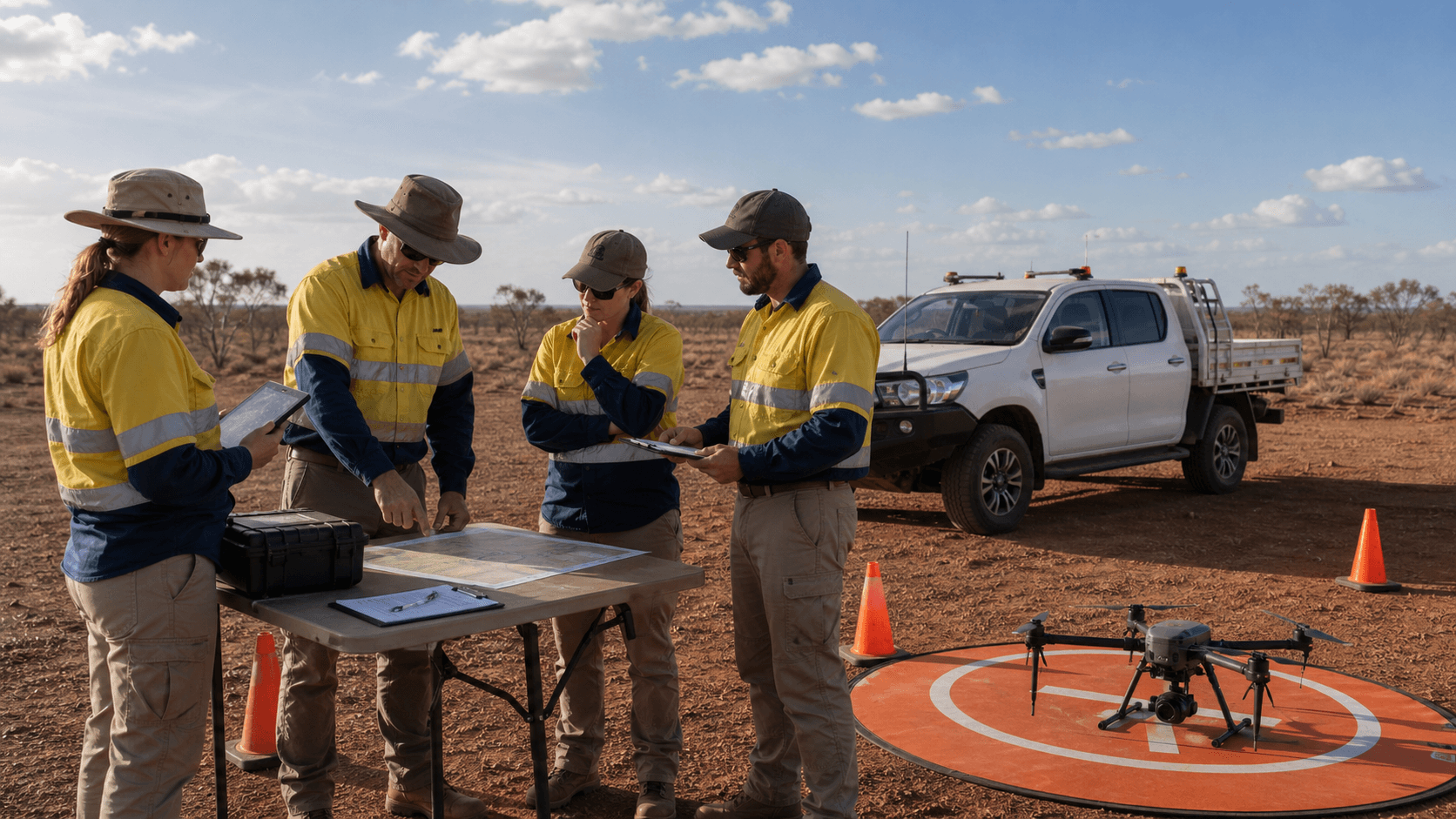 Remote pilot crew conducting a pre-flight risk and human factors briefing at a drone launch site