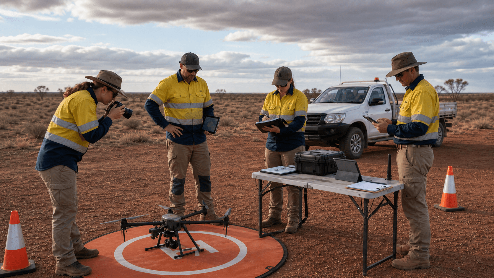 Remote pilot crew documenting aircraft condition and notes after a minor drone event