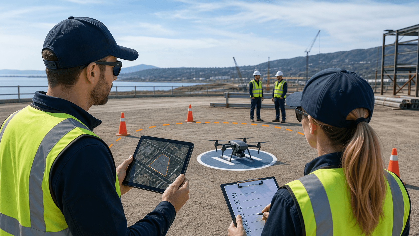 Remote drone crew planning an operation with a safety buffer and people outside the operating area