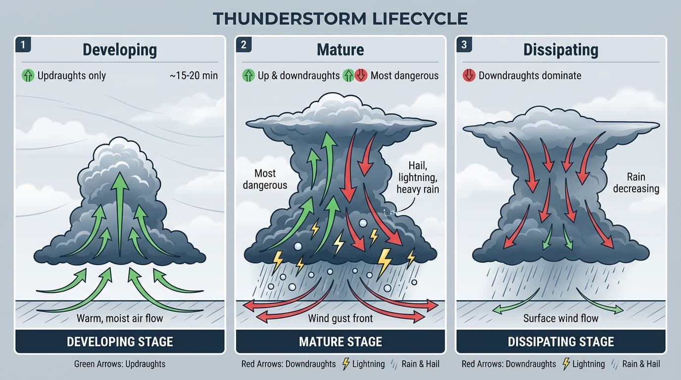 Thunderstorm lifecycle showing developing, mature and dissipating stages