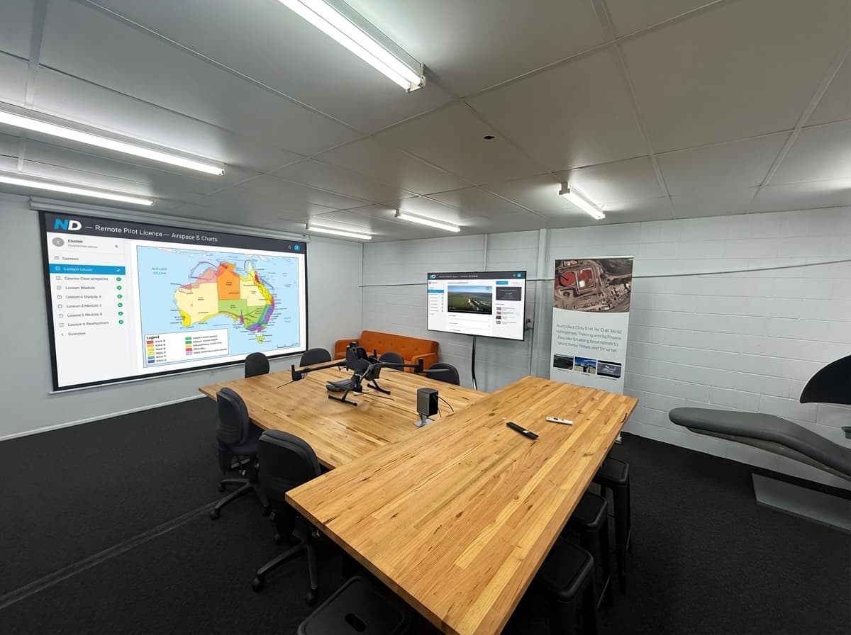 National Drones Brisbane training room with dual-screen setup and airspace charts