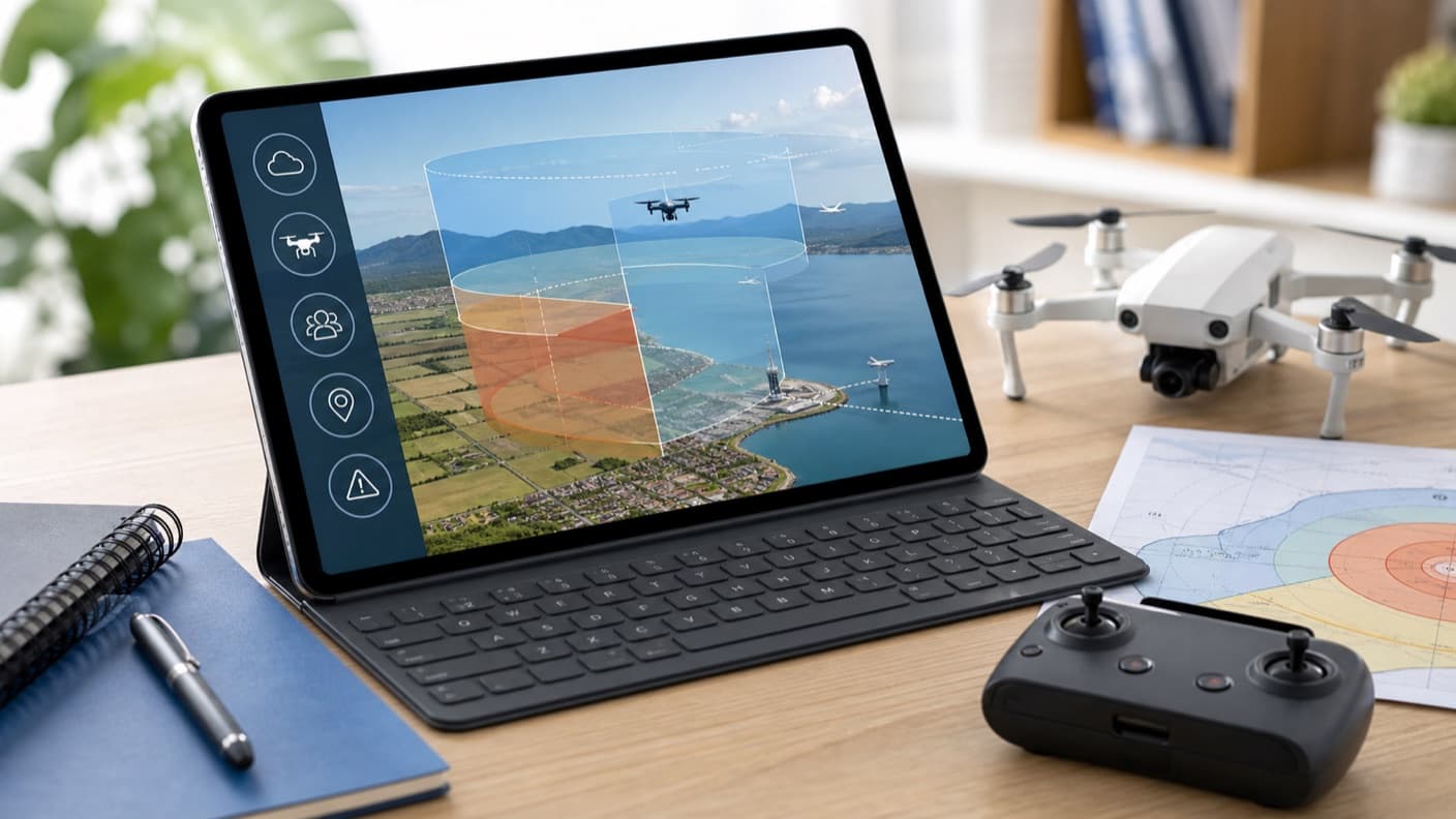 Tablet-based air law lesson with drone, controller and conceptual airspace layers