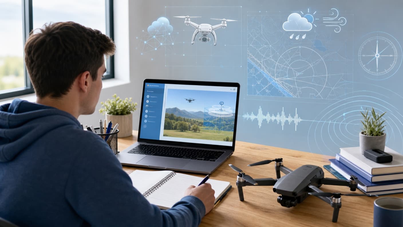 Remote pilot student studying drone theory with weather, map and radio learning overlays