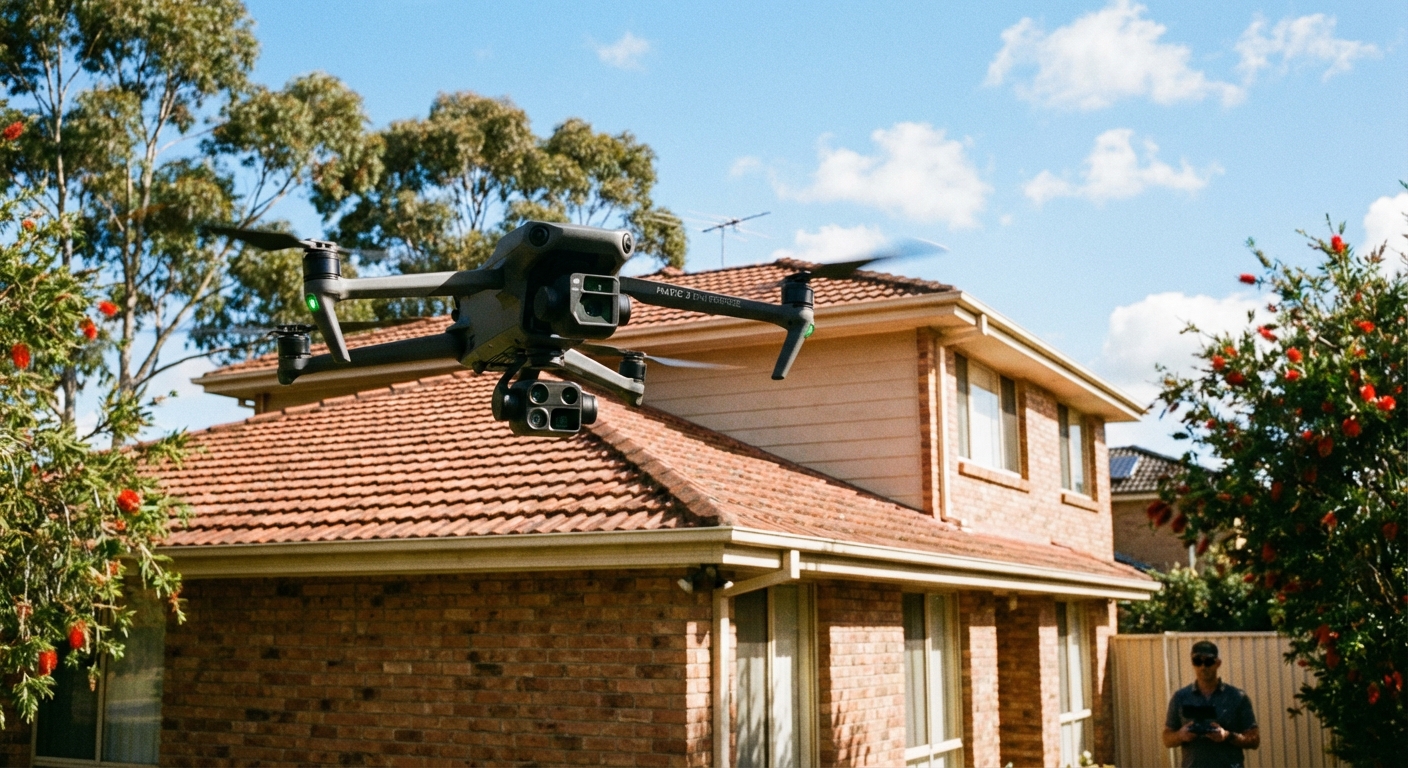 Drone hovering next to an Australian residential home during a roof inspection