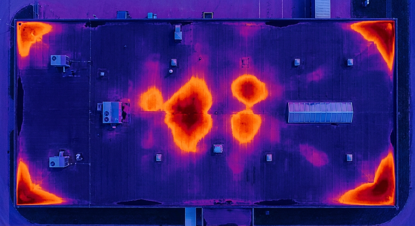 Thermal image of a commercial roof showing moisture hotspots
